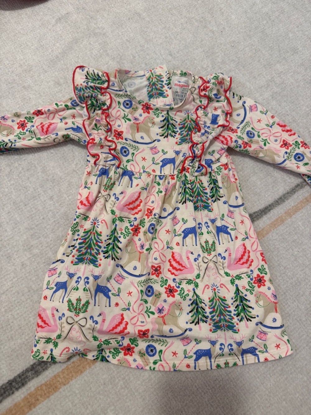 Magnetic Me Cream Holiday Print Ruffle Dress with Blue, Red, Green Accents